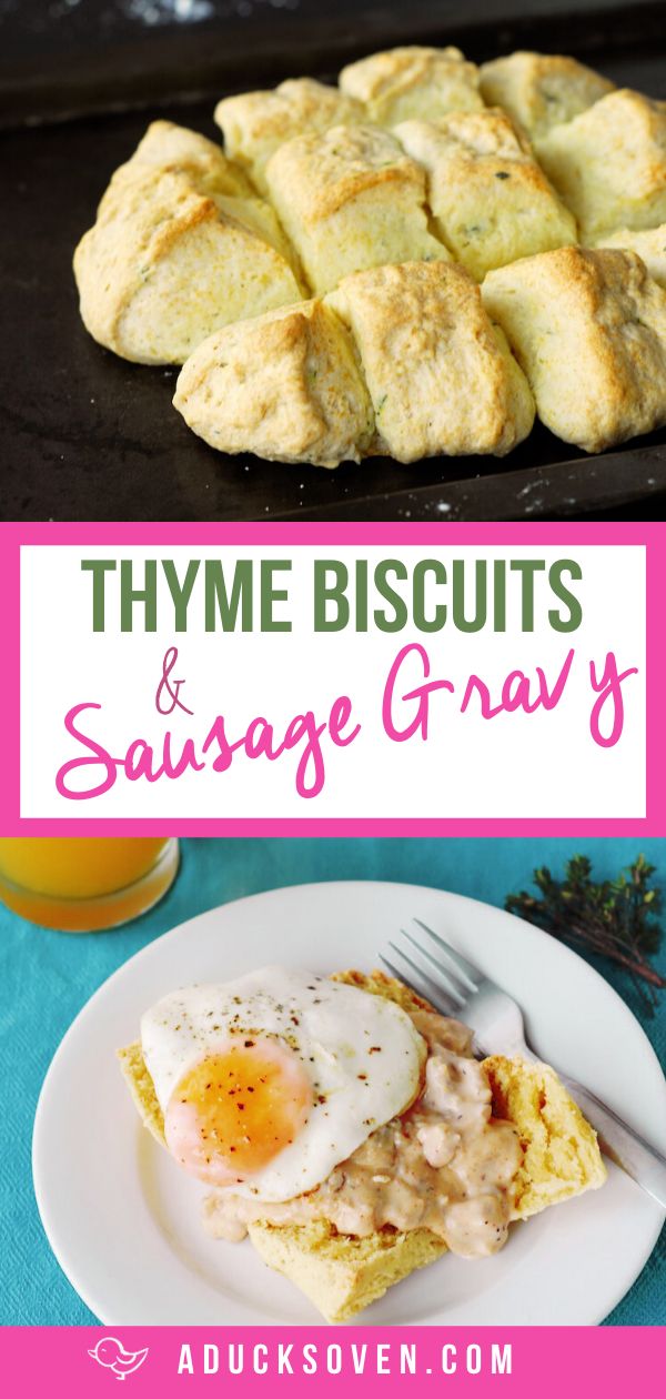 some biscuits and an egg on a plate next to a glass of orange juice with the words thye biscuits and sausage gravy