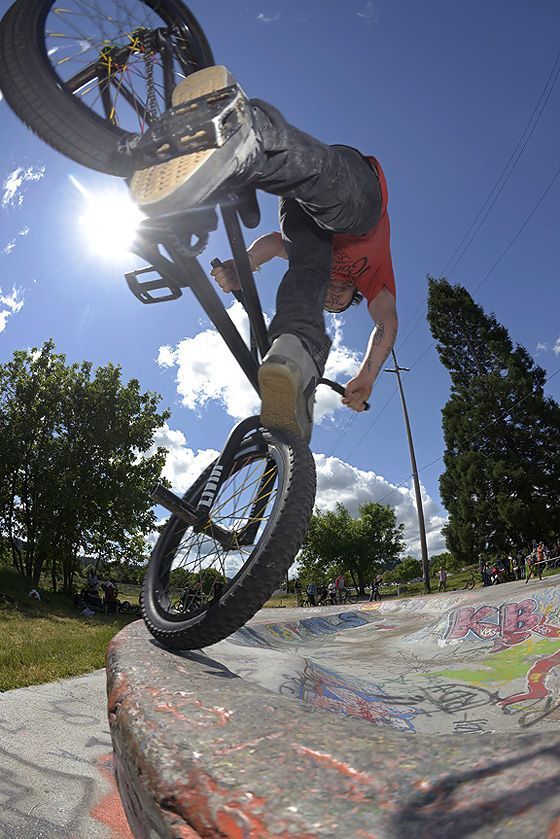 a man riding a bike on top of a skateboard ramp at a park in the sun