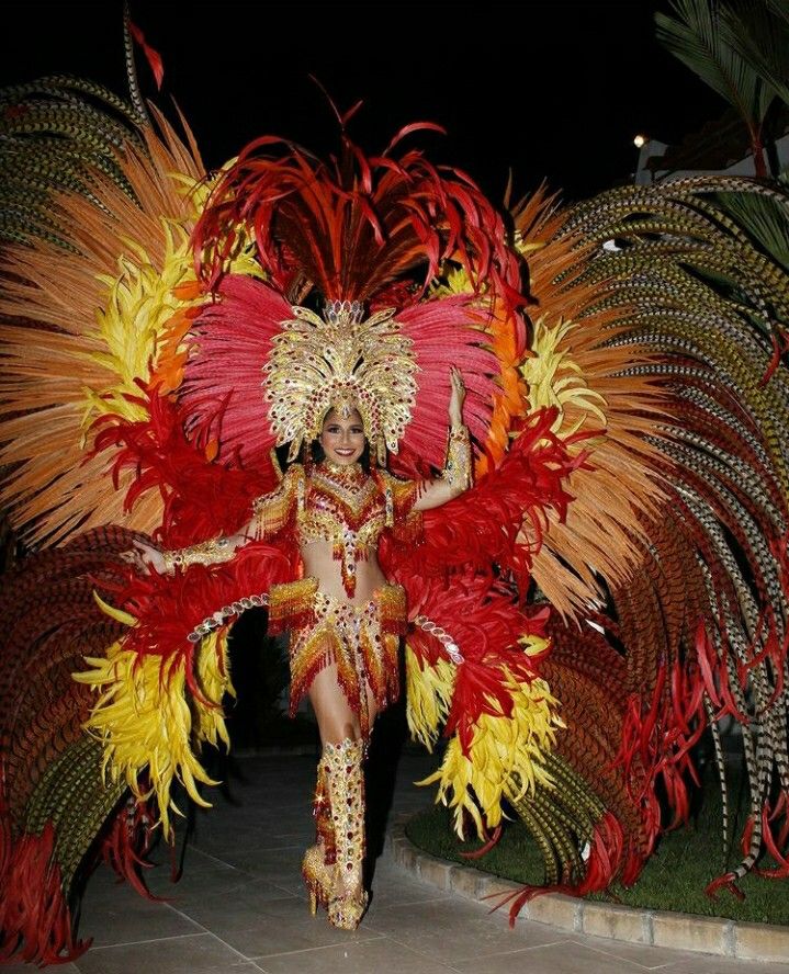 a woman dressed in red and yellow costume walking down the street with feathers on her head