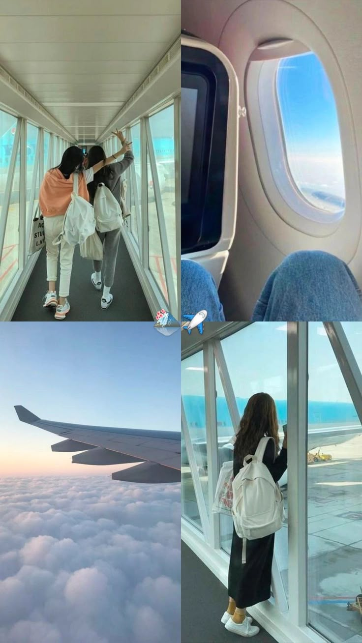 two women looking out an airplane window at the clouds below and on top of them