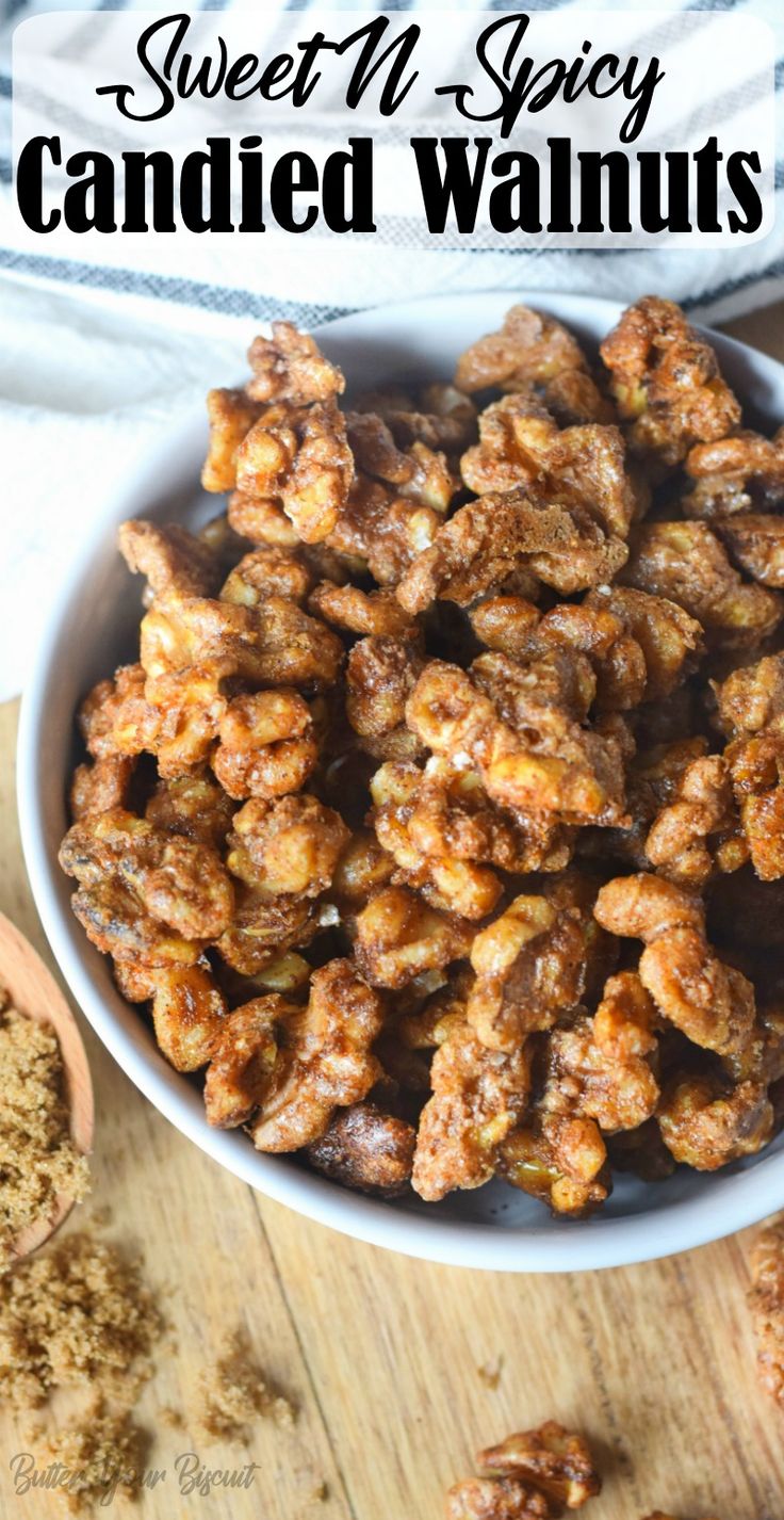 sweet and spicy candied walnuts in a white bowl