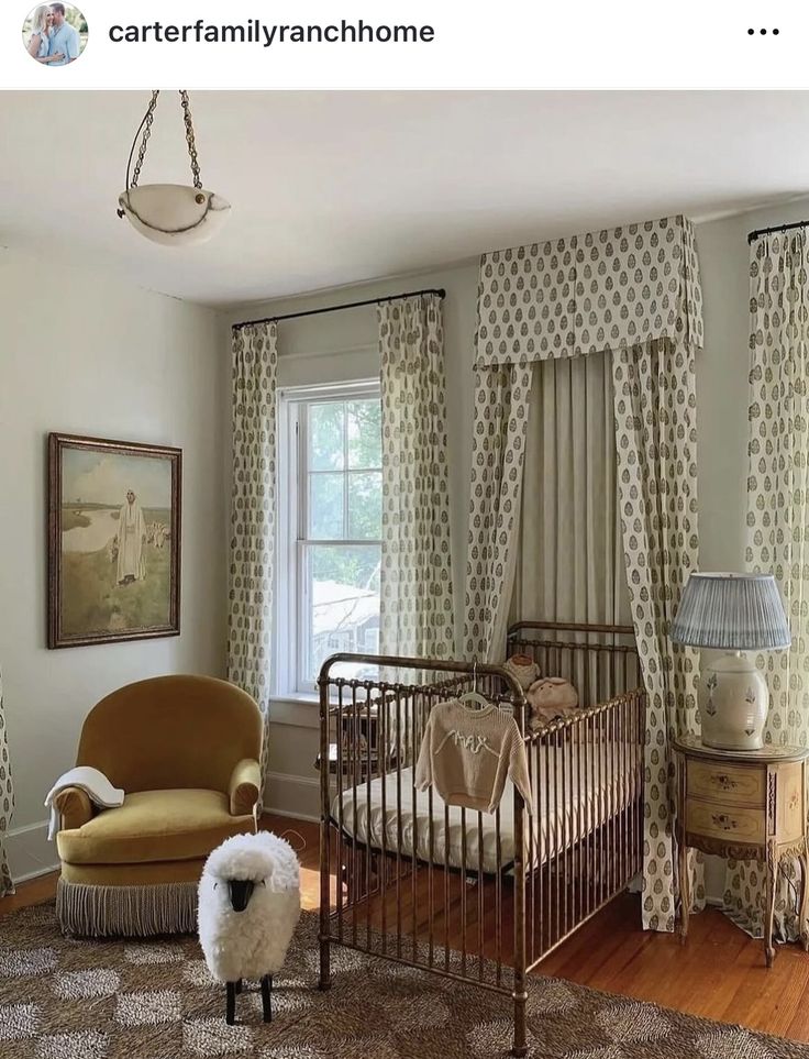 a baby's room is decorated in neutrals and browns, with an antique crib as the focal point