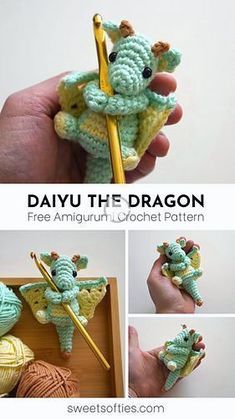 there is a crocheted dragon holding a ball of yarn in it's hand