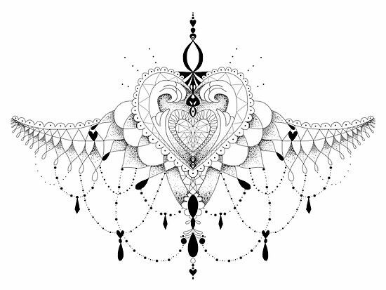 an intricate black and white tattoo design with hearts, feathers and arrows on the wings