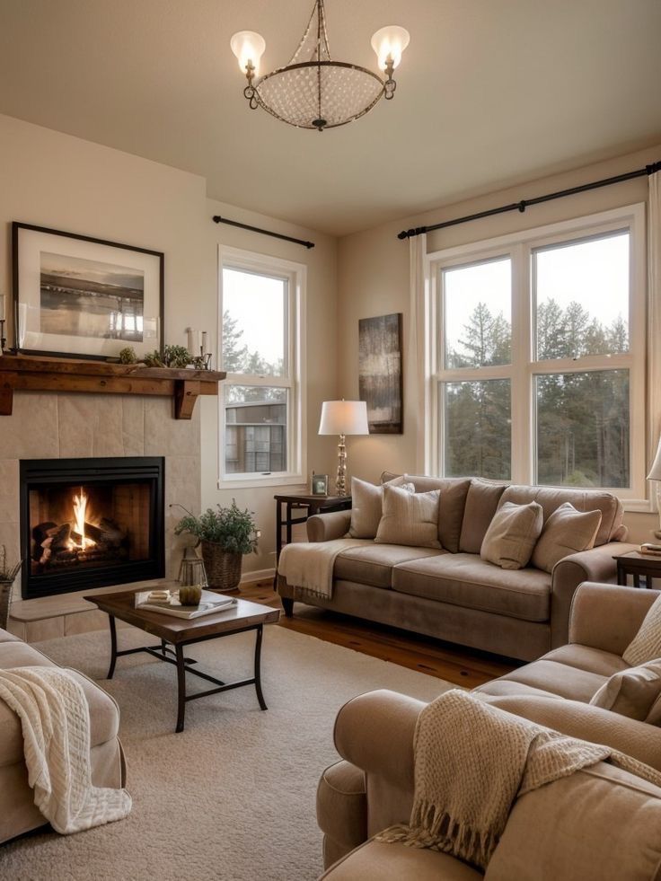 a living room with two couches and a fire place in it's center