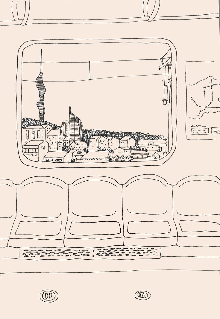 a black and white drawing of a train seat with a view of the city from it