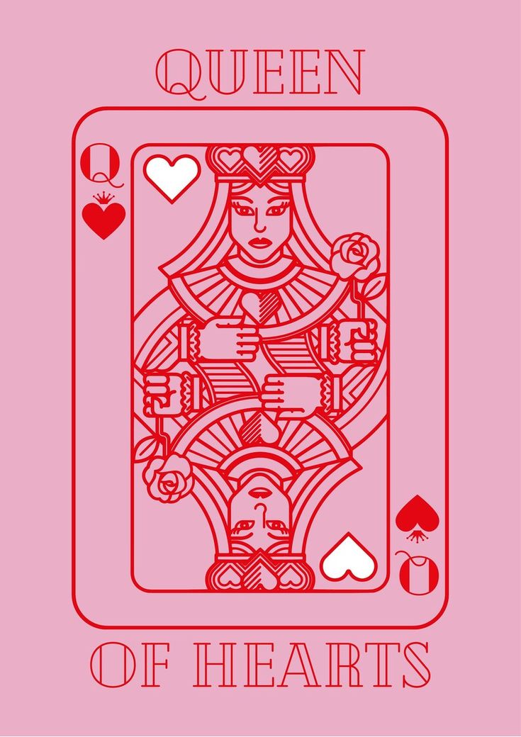 the queen of hearts playing card in red and white on a pink background with two hearts