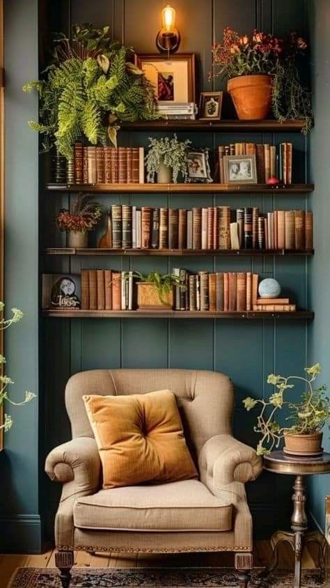 a living room filled with furniture and lots of books on the shelves next to a window