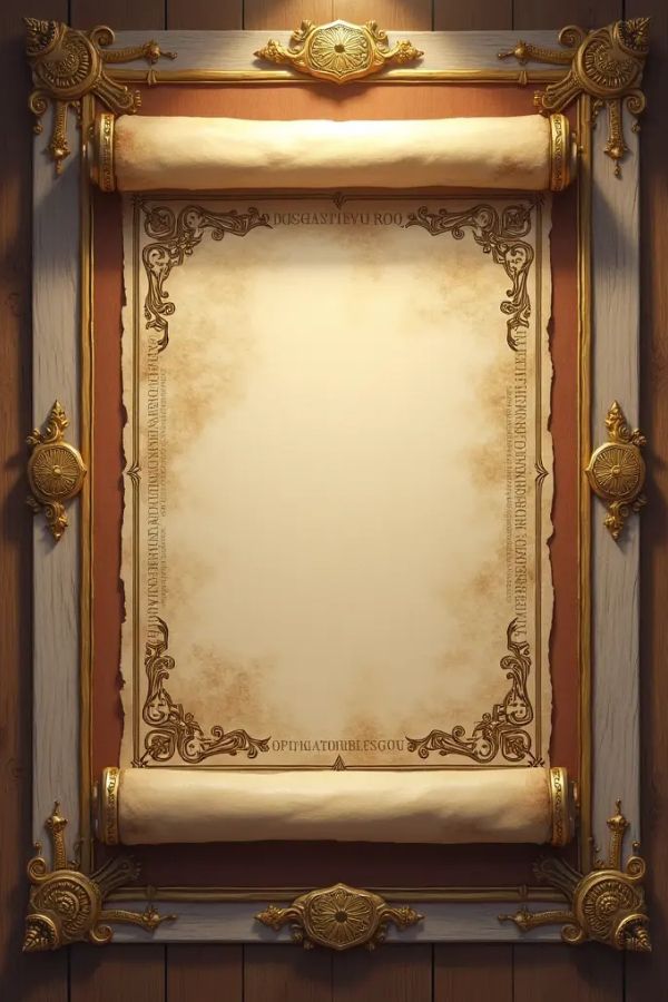 an old photo frame hanging on the wall with gold trimmings and ornate scrolls