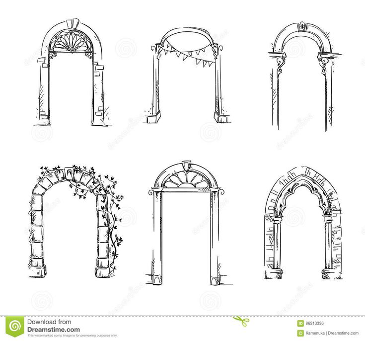 set of hand drawn archs with flowers and vines on white background, sketched