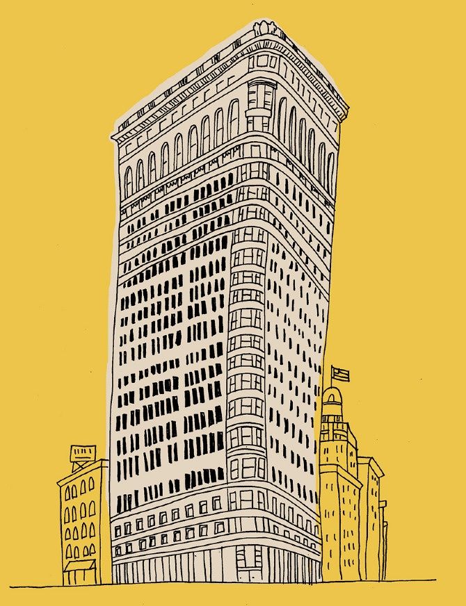 a drawing of a tall building in the city