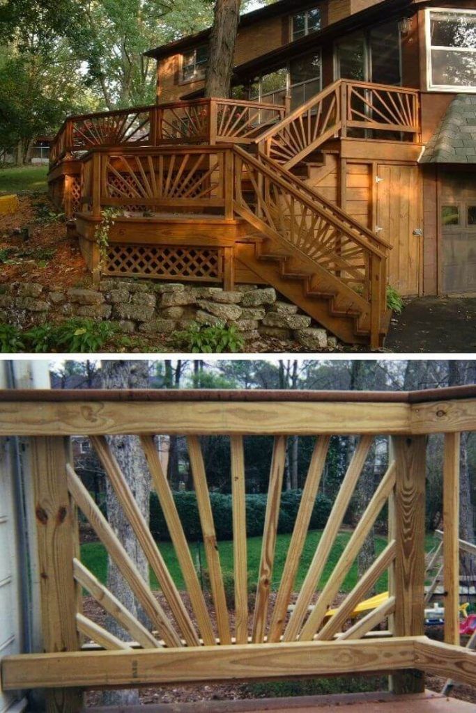 before and after photos of a wooden bench in front of a house with stairs leading up to the second floor