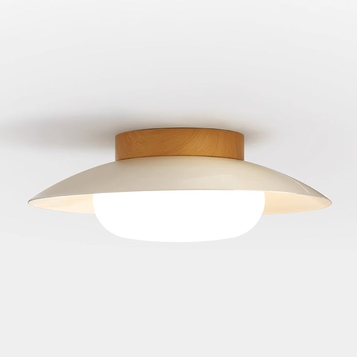 a white ceiling light with a wooden dome on the top and one light above it