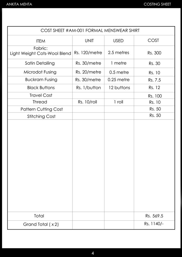 the cost sheet for women's wear measurements