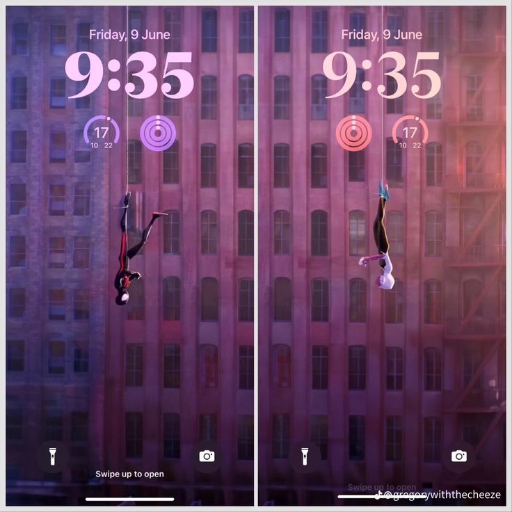 two screens showing the same time as they go in front of a tall building with windows