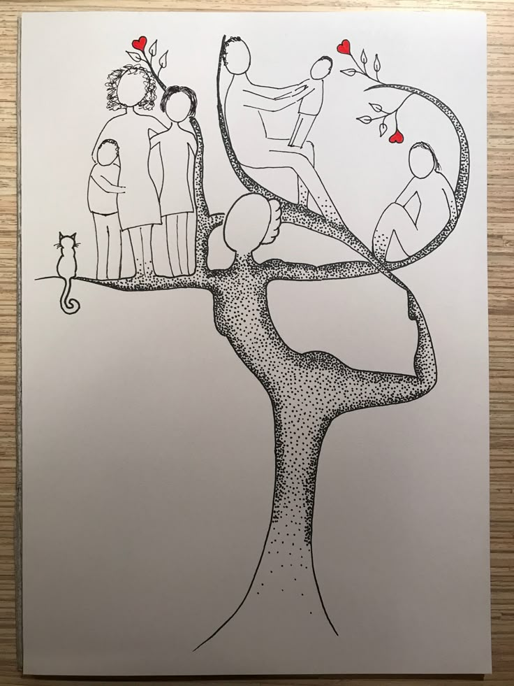 a drawing of people sitting on top of a tree