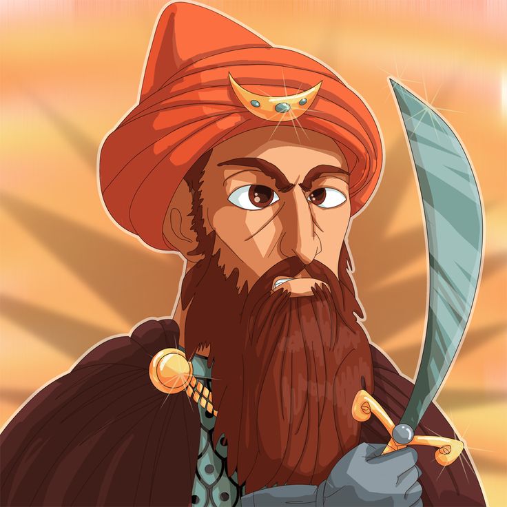 a man with a beard holding a knife and wearing an orange turban on his head