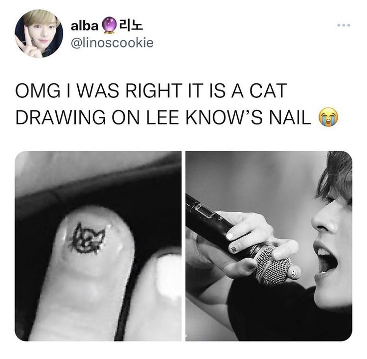 a woman holding a microphone next to an image of a cat on her finger and the caption says omg i was right it is a cat drawing on lee knows nail