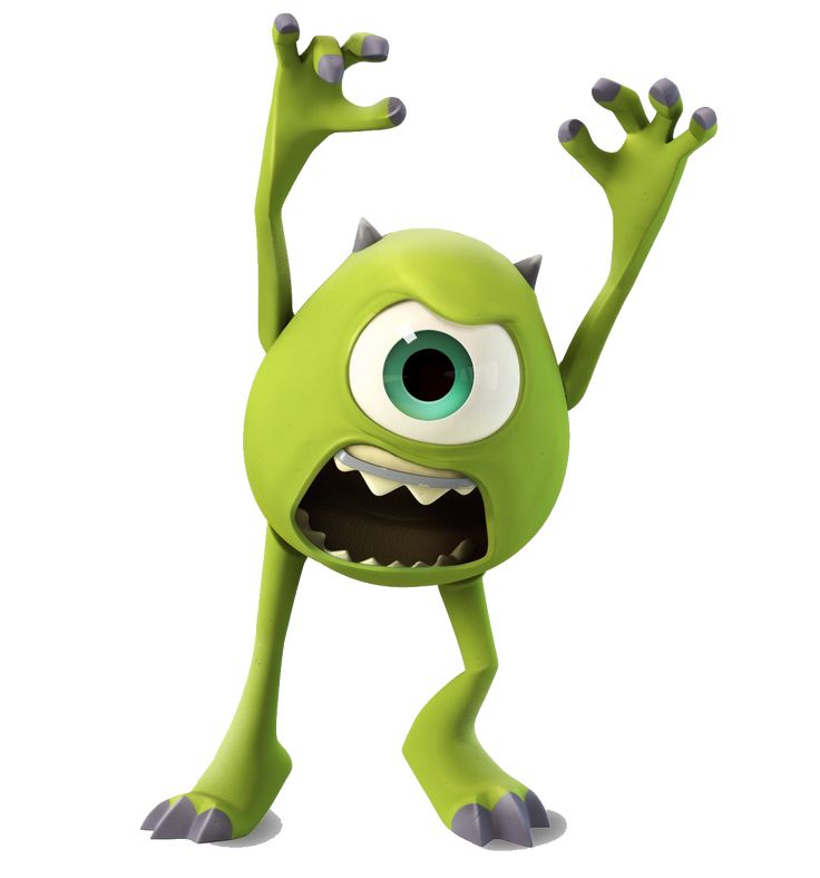 a cartoon green monster with big eyes and hands in the air