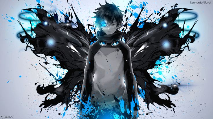 an anime character with wings and blue paint splatters