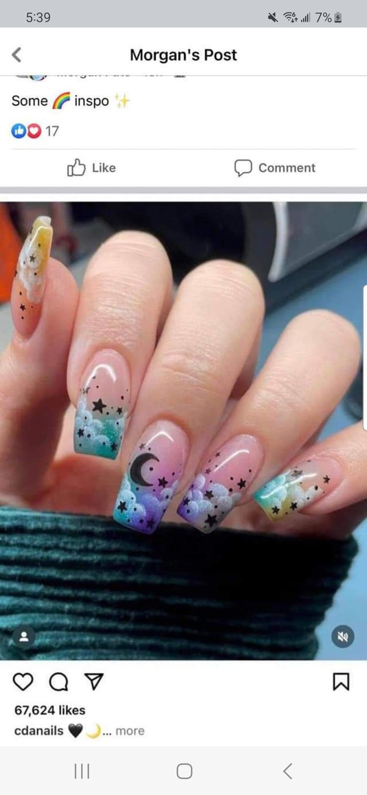 Clouds Nails, Moon And Clouds, Rainbow Sky, Black Stars, Black Star, Stars And Moon, Pretty Nails, Nail Inspo, Nail Designs