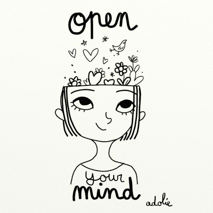 a drawing of a girl with flowers in her hair and the words open your mind above her head