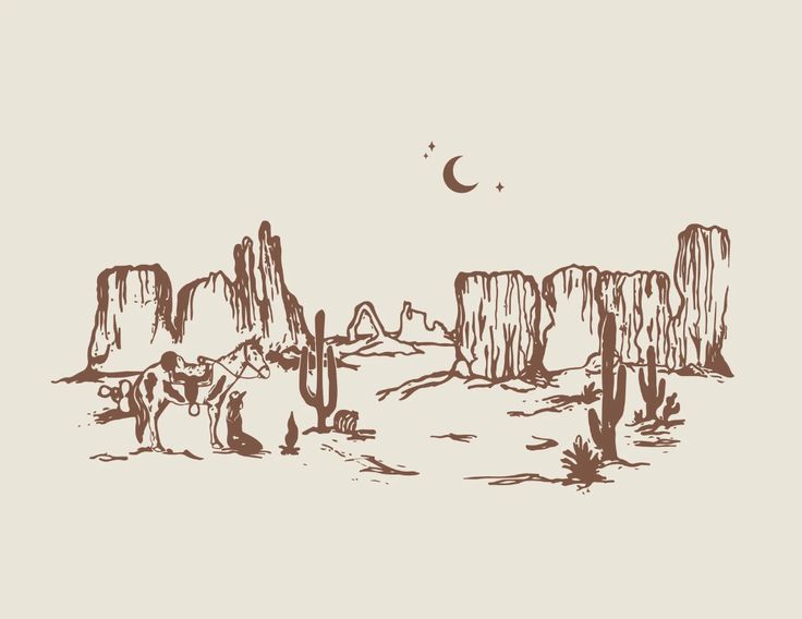 an ink drawing of desert landscape with rocks and trees in the foreground at night