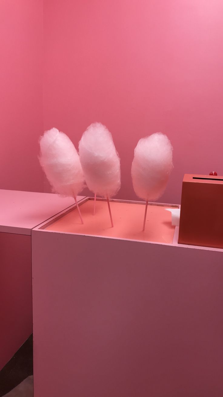 three cotton candy birds sitting on top of a pink box