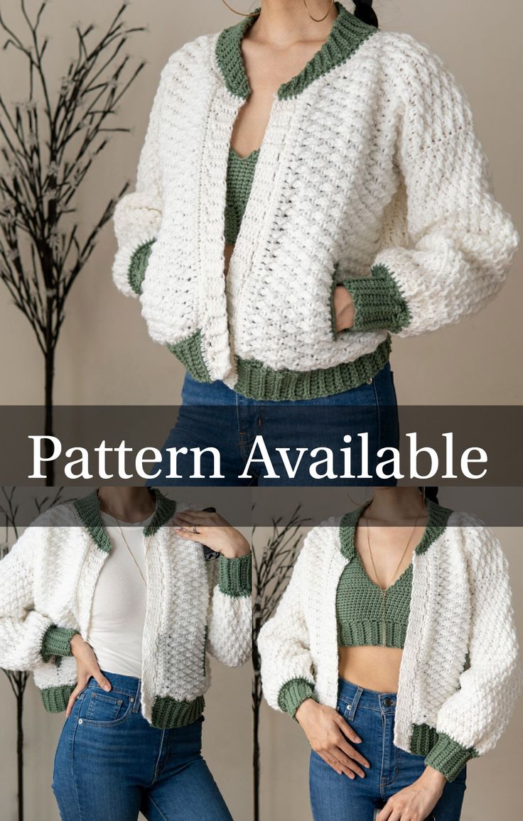 the woman is wearing a white knitted jacket and jeans with green trimmings