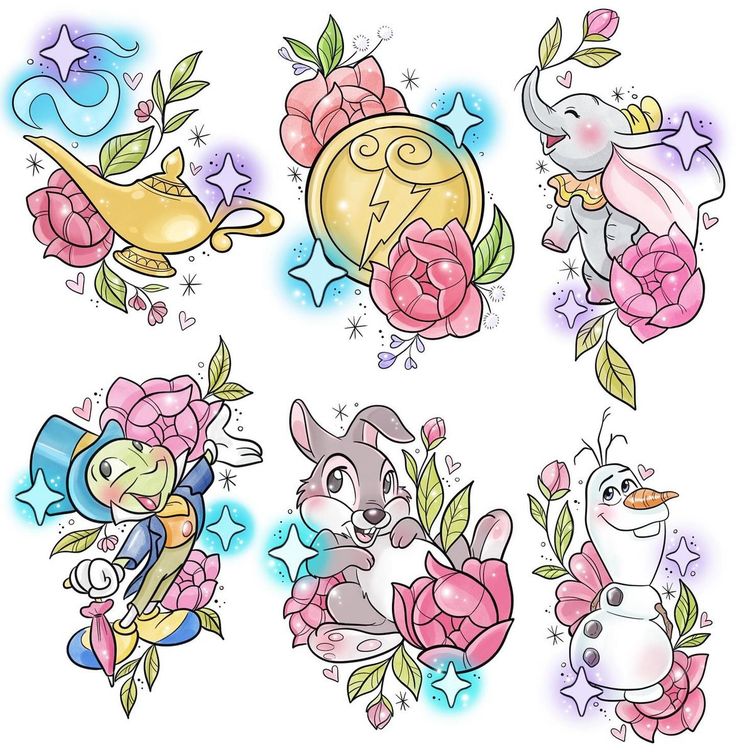 some cartoon tattoos with flowers and animals on them