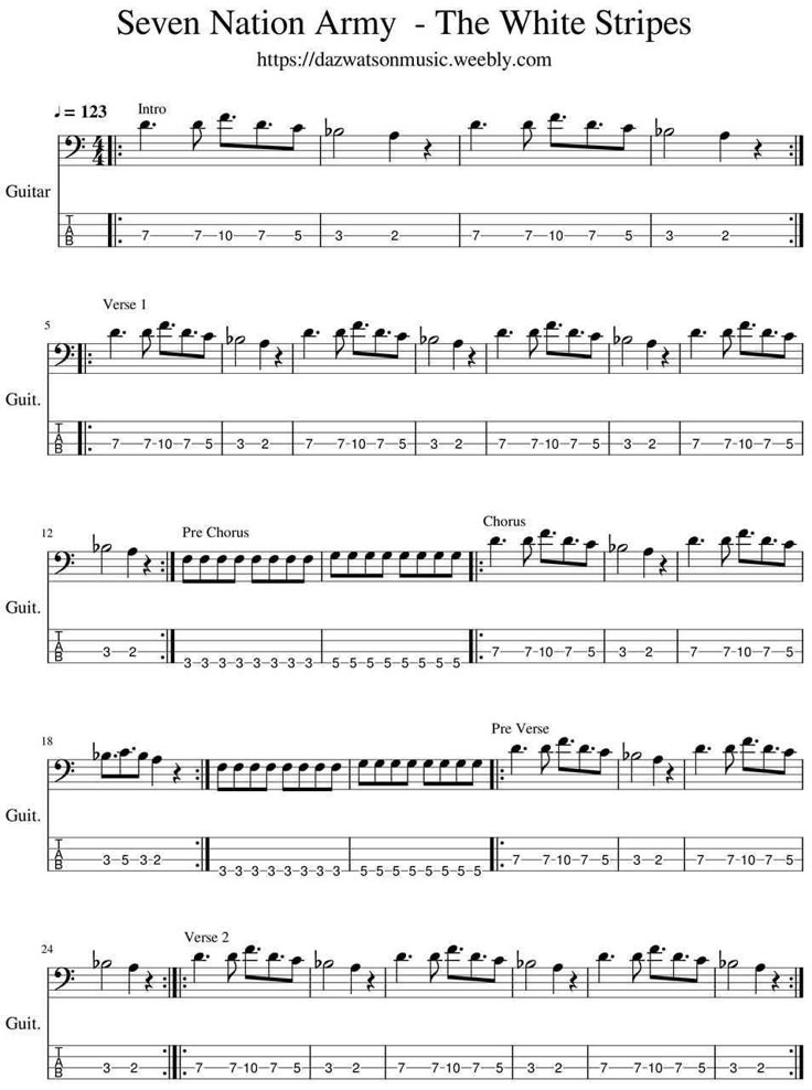 seven nation army - the white stripes guitar tabbell sheet music notes and tabbells