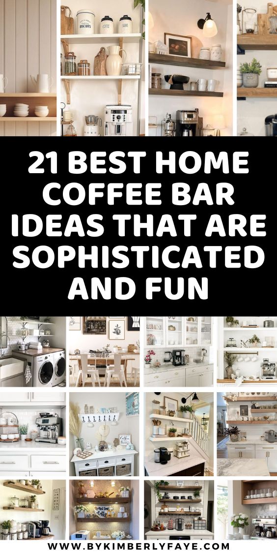 21+ Best Home Coffee Bar Ideas That Are Sophisticated and Fun - By Kimberly Faye Kitchen Coffee Bars Built In, What To Put On A Coffee Bar, Cappuccino Bar Ideas, Kitchen Pantry Coffee Bar, Bar Area Ideas For Home, Coffee And Snack Bar Ideas, Coffee And Cocktail Bar Ideas, Coffee Bar Wall Ideas, In Home Coffee Bar