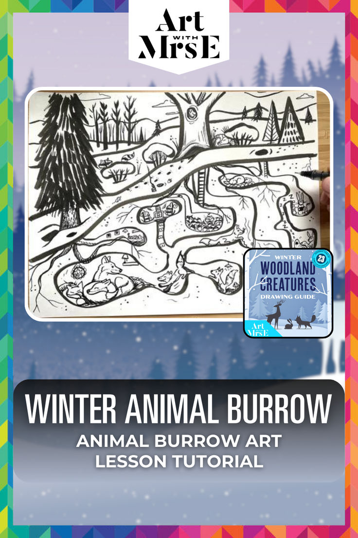 Image of a drawing showing burrowed animals settled for the winter in this art tutorial lesson. Winter Art For Middle School, Winter Art Projects Middle School, Winter Middle School Art Projects, 5th Grade Winter Art Projects, Winter Art Projects For Middle School, Winter Elementary Art, Middle School Christmas Art Projects, Elementary Winter Art, Animal Burrow