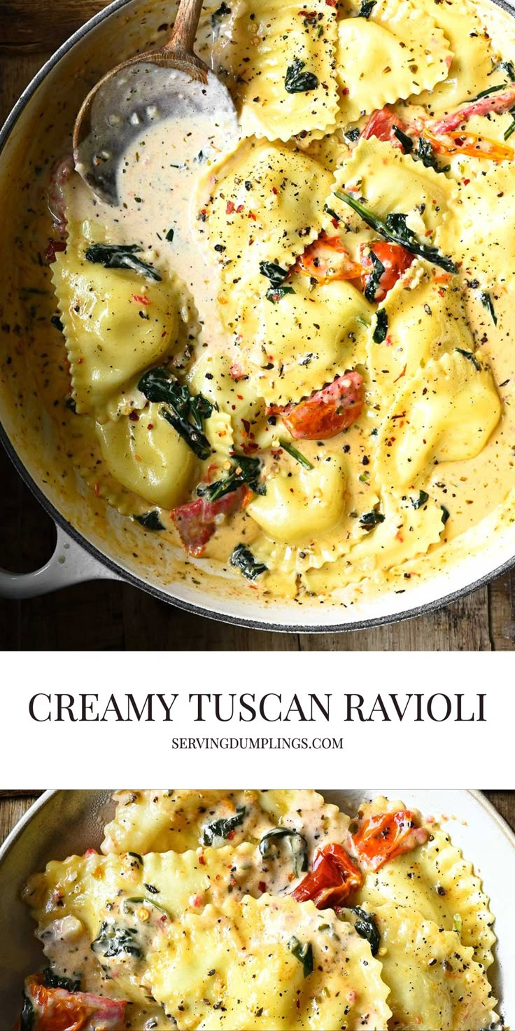 two images of creamy tuscan ravioli with spinach and tomatoes in a pan