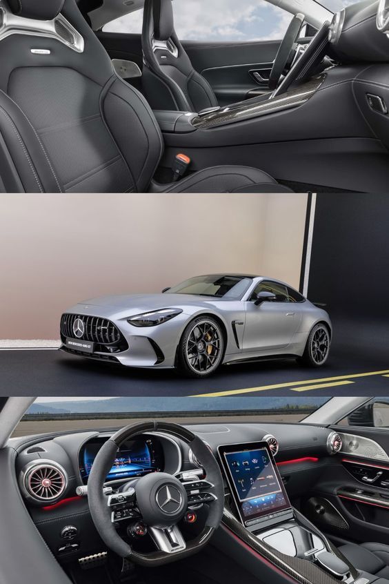 the inside and outside view of a mercedes sports car, with its driver's seat up