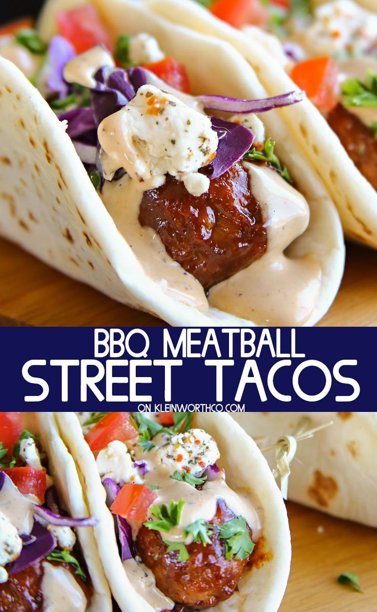 several tacos with meat and vegetables in them on a cutting board next to the words bbq meatball street tacos