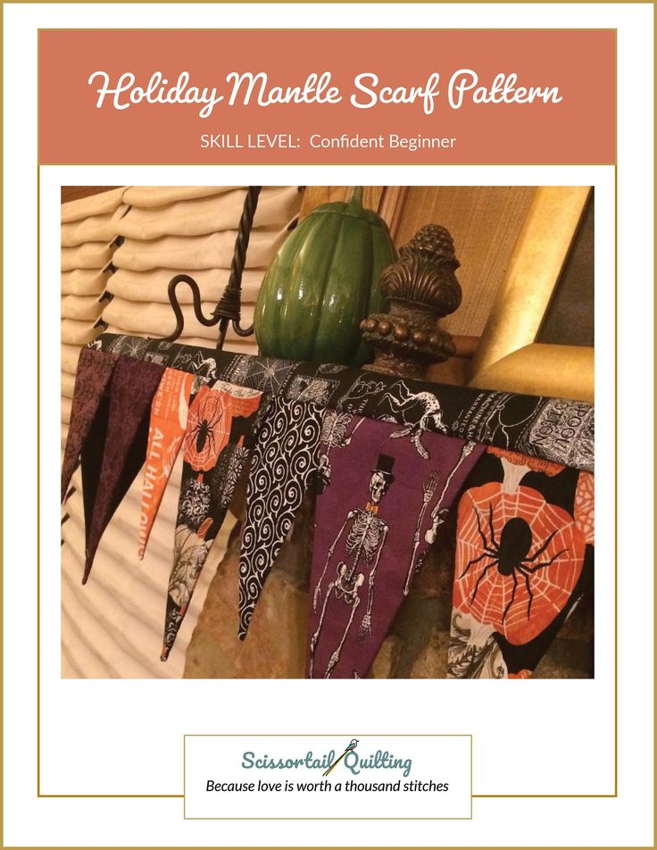 the holiday mantle scarf pattern is hanging on a shelf with pumpkins and other decorations