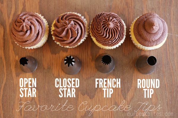 cupcakes with chocolate frosting are lined up on a wooden table and labeled in different ways