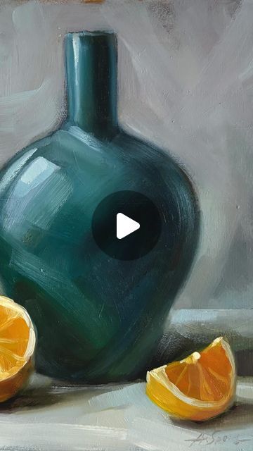 an oil painting of a green vase with oranges on the table next to it