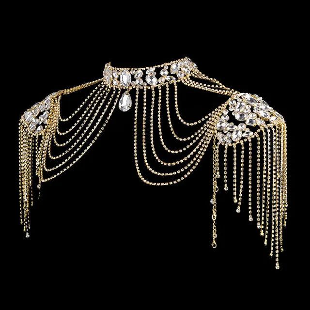 Crafted with precision and adorned with sparkling rhinestones and crystals, this shoulder necklace drapes gracefully over your shoulders, creating a stunning and unique statement piece. It's the perfect accessory to enhance the beauty of your outfit adding a touch of timeless charm and luxury. Shoulder Jewelry, Gold Body Chain, Shoulder Necklace, Prom Accessories, Festival Accessories, Magical Jewelry, Beaded Wedding, Crystal Accessories, Shoulder Chain