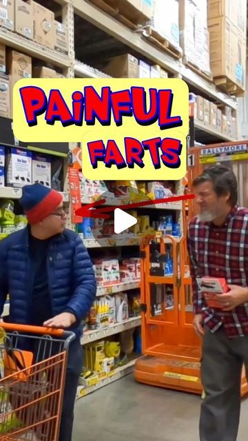 two men are shopping in a store with the words painful farts on it's side