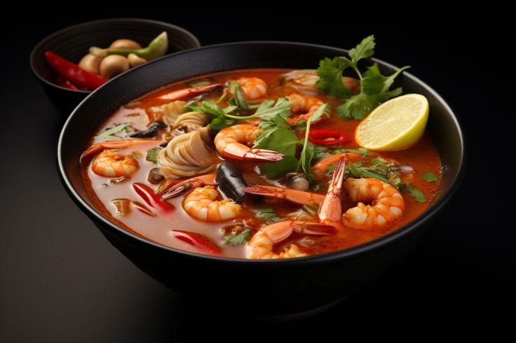 two bowls of soup with shrimp, mussels and garnishes