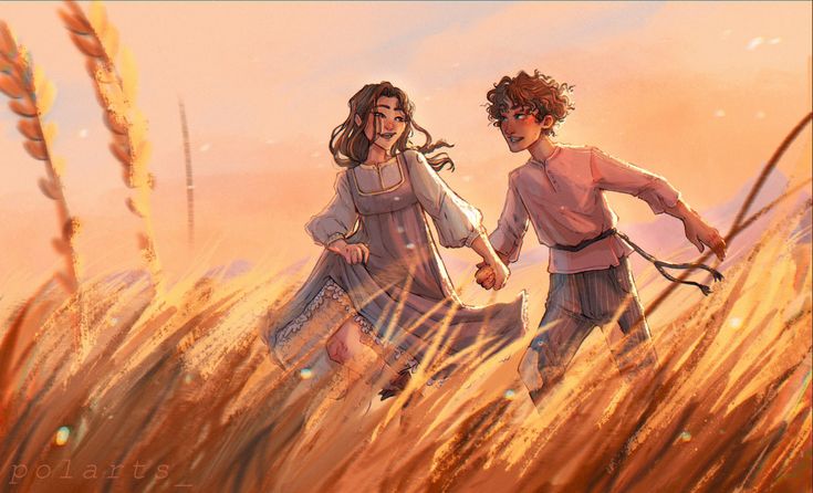 two people are walking through tall grass in the sun, one is holding hands with the other