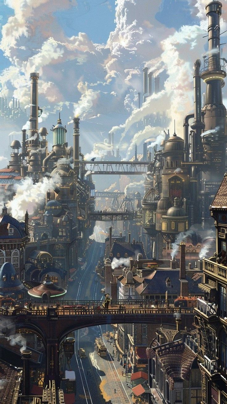 Steampunk Landscape Art, Modern Steampunk Aesthetic, High Fantasy City Concept Art, Fantasy Landscape City, Victorian City Concept Art, Steampunk Town Concept Art, Fantasy World Landscapes Cities, Cyberpunk World Aesthetic, Steam Punk Background