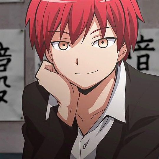 an anime character with red hair and white shirt looking at the camera while holding his hand to his chin