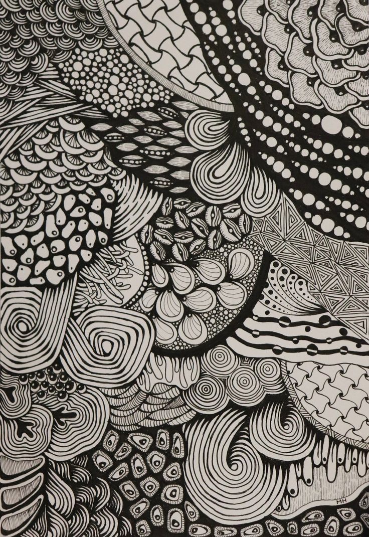 black and white drawing of an abstract design with circles, waves, and dots on paper