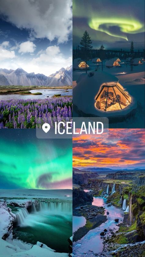 the iceland landscape is shown in four different pictures, including mountains and lakes with lights on them