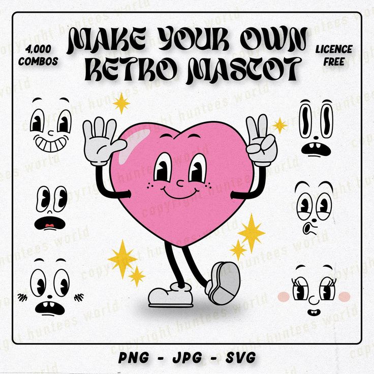 a pink heart character with various expressions and words on it, including the text make your own retro mascot