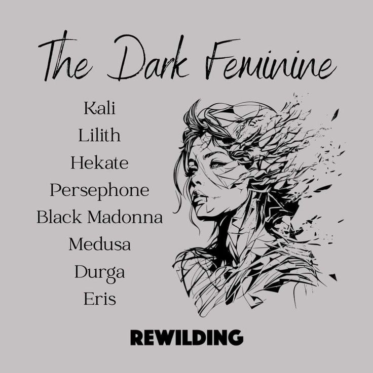 the dark feminine poster with various characters in black and white, including an image of a woman