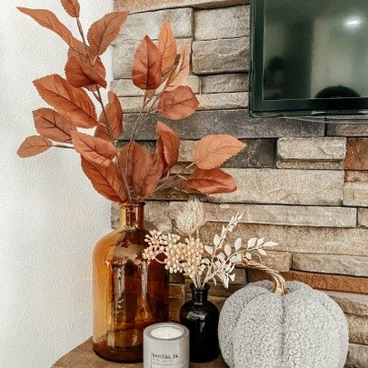 there are two vases with leaves on the shelf next to each other and a television in the background